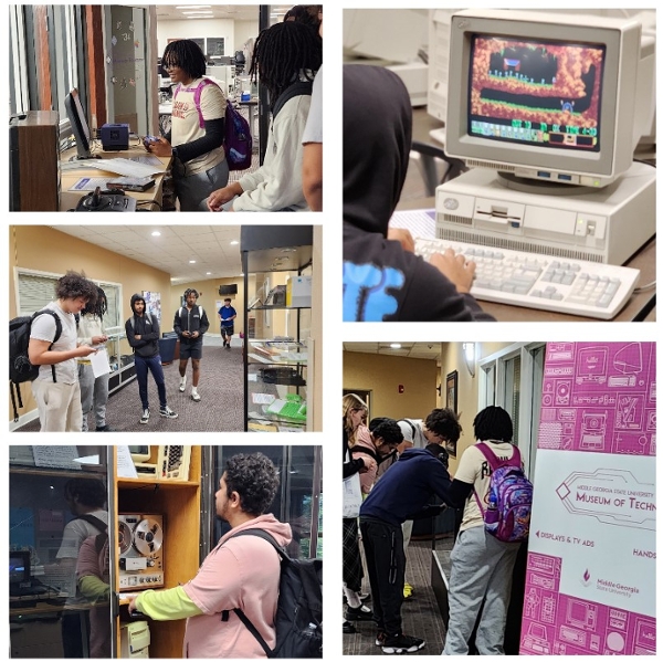 Collage of students engaging in the Museum of Technology scavenger hunt.